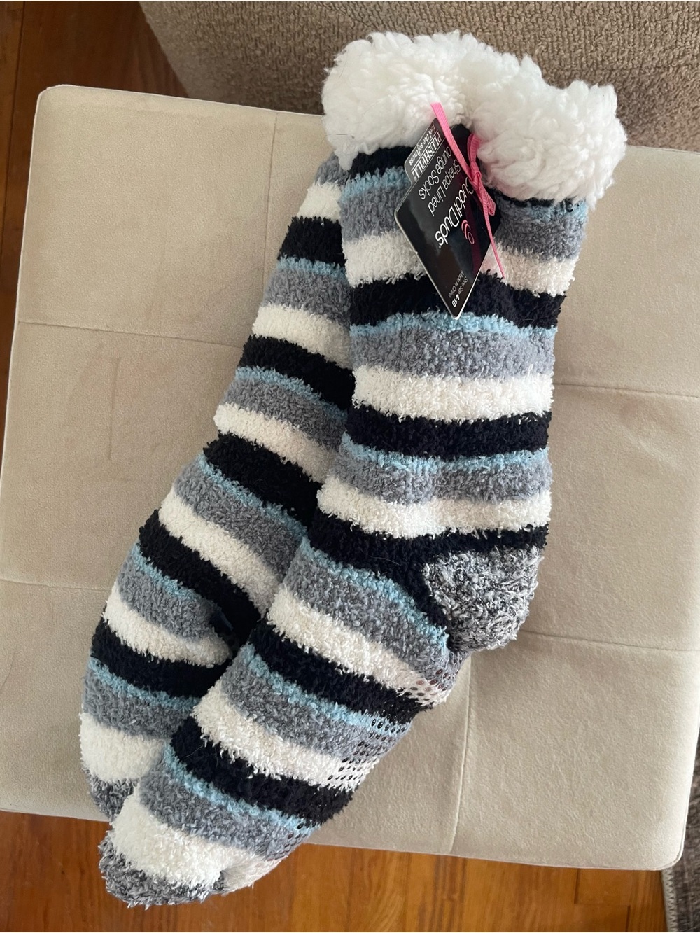 Cuddl Duds Sherpa-Lined Lounge Socks - White, Light Blue & Gray Stripes